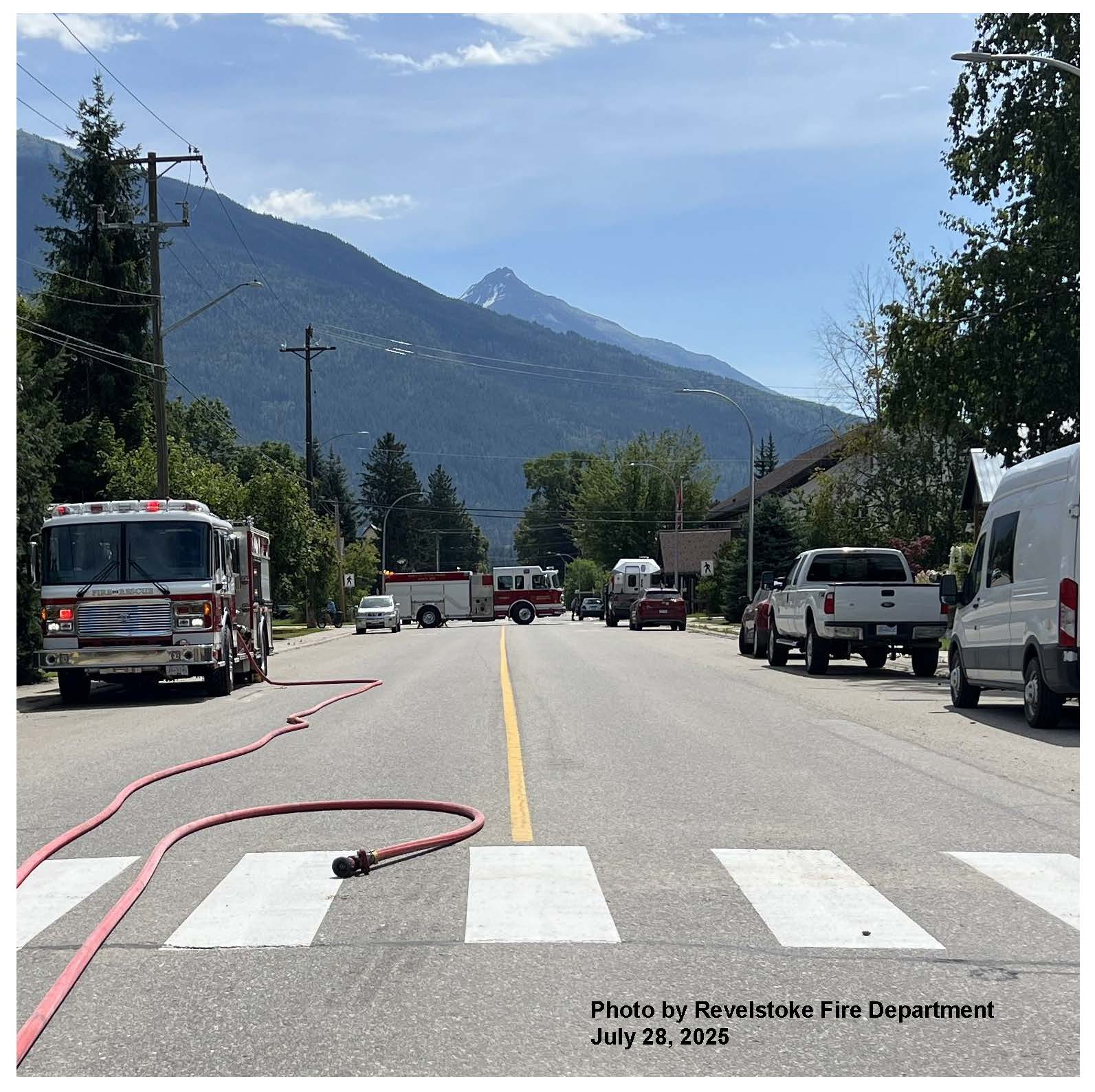 Revelstoke Fire Engines Block the Road to Respond to a Gas Leak, Mount Cartier Is in the Background